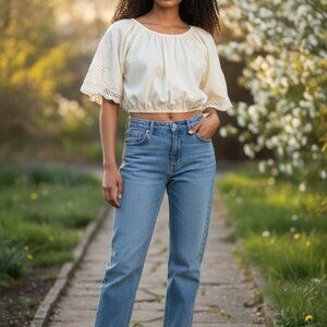 (E-144)Women’s Cream Crop Top Blouse Lace Trim Boho Peasant Style Short Sleeve S